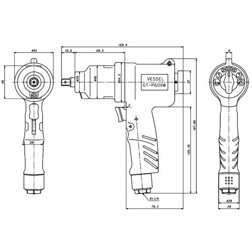 CAINZ-DASH】ベッセル エアーインパクトレンチ ＧＴＰ６０ＸＷ 全長