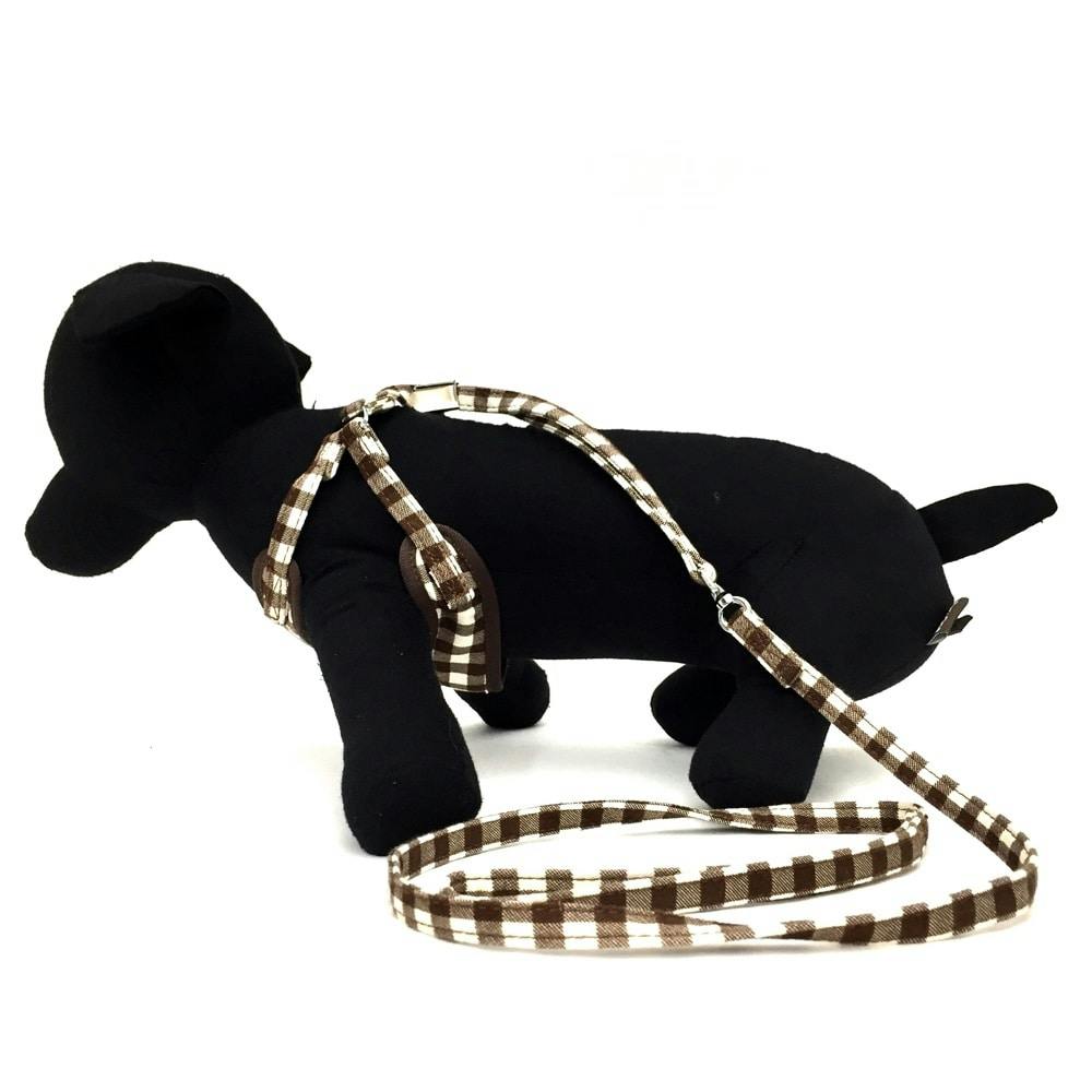 犬用　リード＆ハーネス【本革】original BLACK STUTS❣️ コットンチェックSハーネスリード3Sブラウン | ペット用品（犬