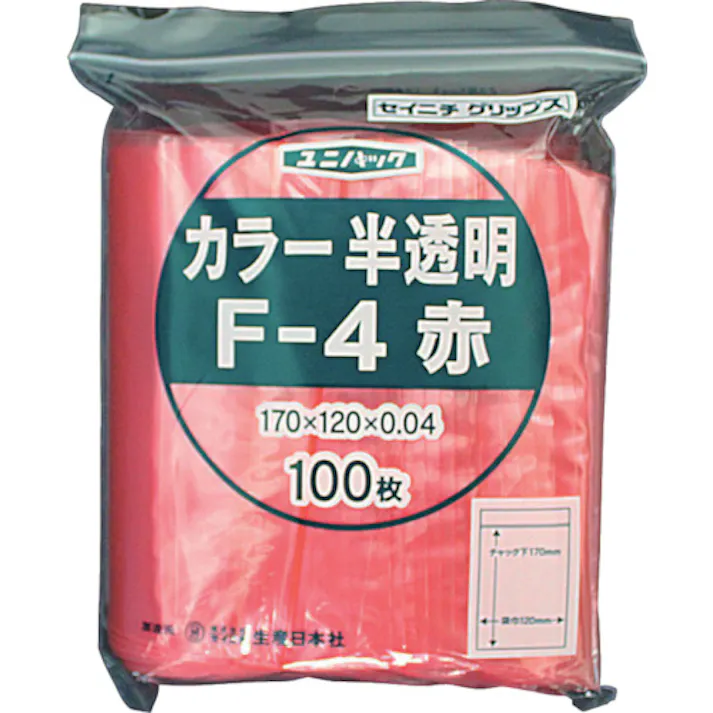 【CAINZ-DASH】生産日本社 チャック付ポリ袋 ユニパック F-4 半透明赤 縦170×横120×厚さ0.04mm 100枚入 F-4-CR【別送品】