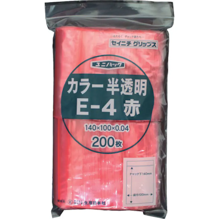 【CAINZ-DASH】生産日本社 チャック付ポリ袋 ユニパック E-4 半透明赤 縦140×横100×厚さ0.04mm 200枚入 E-4-CR【別送品】