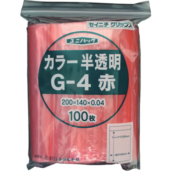 【CAINZ-DASH】生産日本社 チャック付ポリ袋 ユニパック G-4 半透明赤 縦200×横140×厚さ0.04mm 100枚入 G-4-CR【別送品】