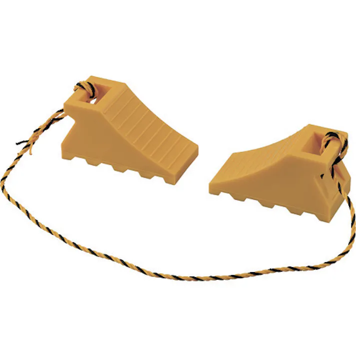 【CAINZ-DASH】日本緑十字社 タイヤストッパー(輪止め) 大型車用(10t車迄) 黄 タイヤストッパー5Y 2個組(トラ柄ロープ1.2m連結) 樹脂製 120005【別送品】