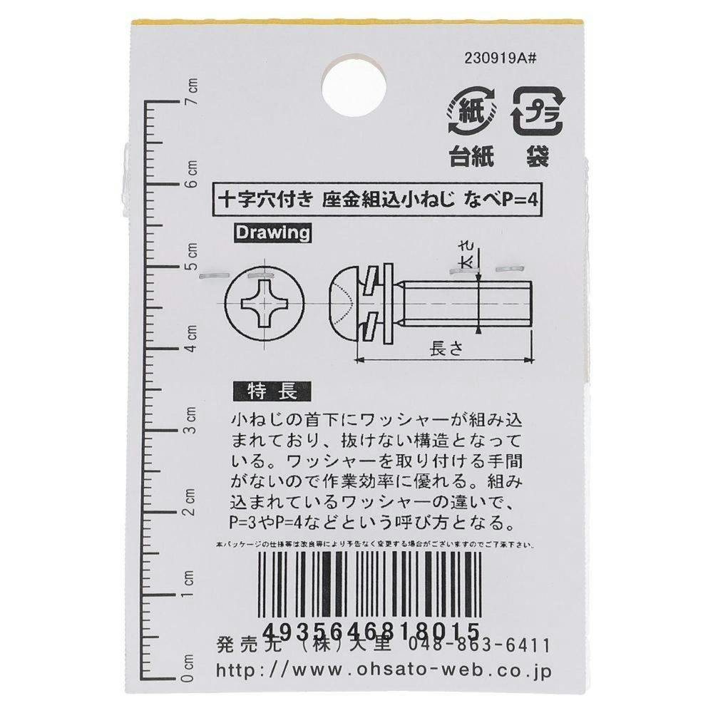 座金組込ねじ 鉄/ユニクロメッキ EO-301 P=4 M3×6mm 11本入 小袋