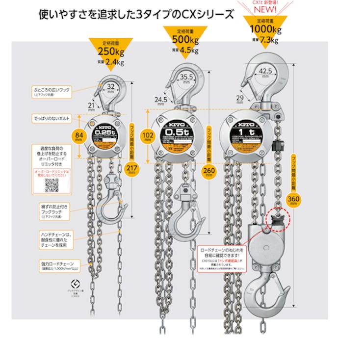 【CAINZ-DASH】キトー キトーチェーンブロックＣＸ　定格荷重１ｔ　標準揚程２．５ｍ CX010L【別送品】