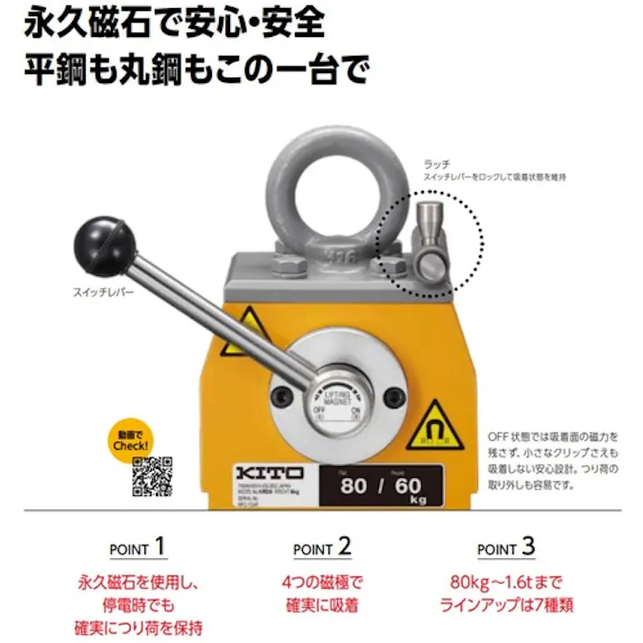 【CAINZ-DASH】キトー スーパーマグ KRD形 使用荷重 平鋼500kg 丸鋼360kg(Φ200) 永久磁石・リフティングマグネット【選べる使用荷重】 KRD50 KRD50【別送品】