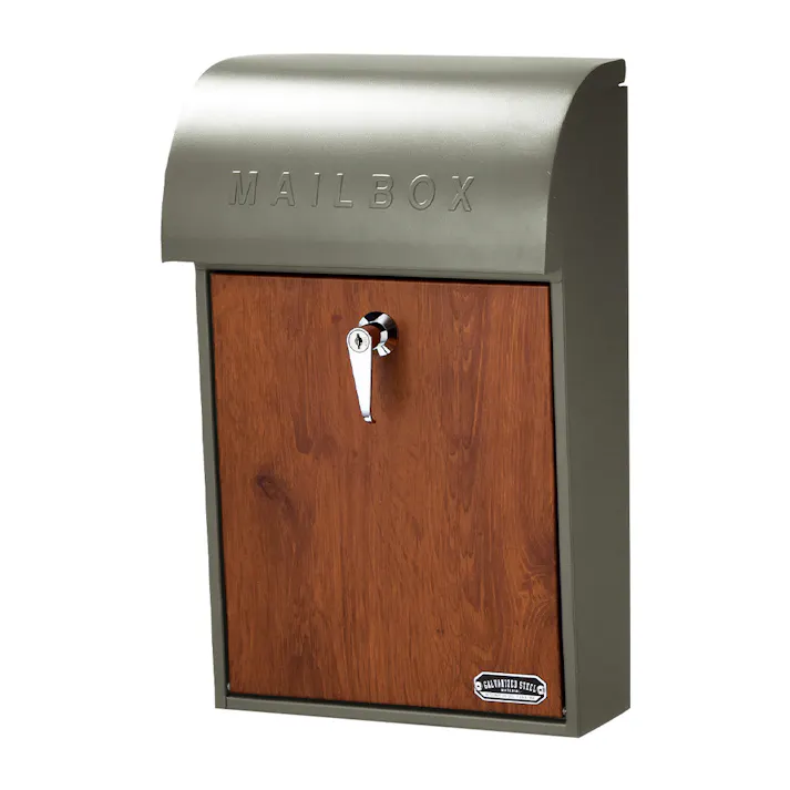 壁掛けポスト GALVA グレー&チーク 幅28.5cm 高さ45.5cm 奥行15.5cm