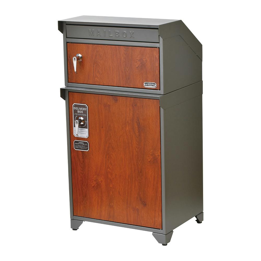 宅配ボックス付ポスト ガルバ グレー＆チーク 幅44cm 高さ85cm 奥行