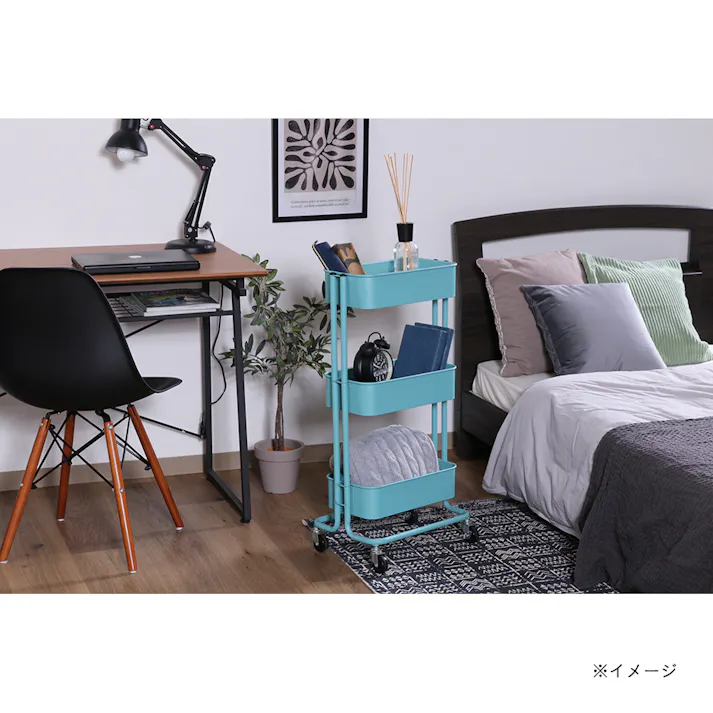 キッチンワゴン バスケット3段 スリム ターコイズブルー【別送品】