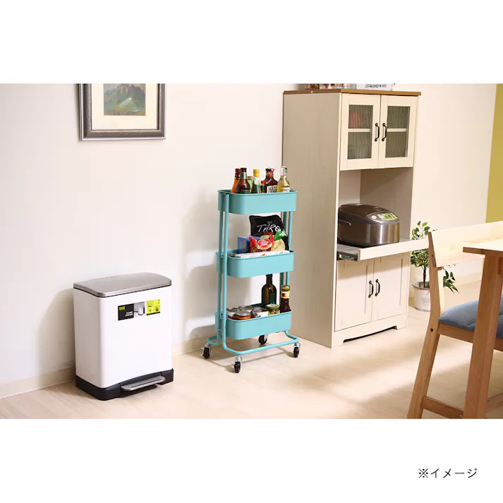 キッチンワゴン バスケット3段 スリム ターコイズブルー【別送品】