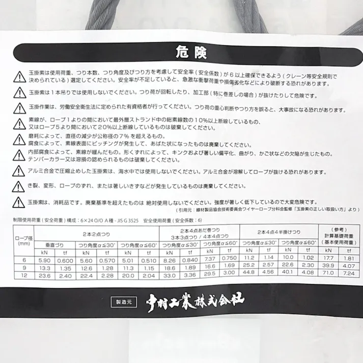 国産JISワイヤーロープ テーパーロック 9×1m