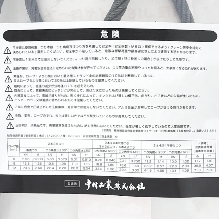 国産JISワイヤーロープ テーパーロック 9×2m