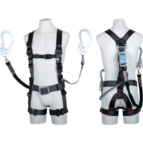 【CAINZ-DASH】藤井電工 飛燕ハーネス　胴ベルト付き　ダブルランヤード付き　ロック機構付き巻取式ワン・ハンドリトラ＋伸縮式ノビロン（ＢＫ）　ダークグレー　Ｌサイズ TH-506-OHNV93SV-OT-DG-L-2R23BX【別送品】