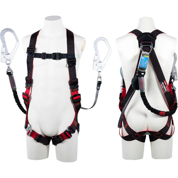 【CAINZ-DASH】藤井電工 レヴォハーネス ダブルランヤード付き ロック機構付き巻取式ワン・ハンドリトラ+伸縮式ノビロン(BK) 黒・赤 Mサイズ TH508-OHNV93SV-OT-BKR-M-2R23BX【別送品】