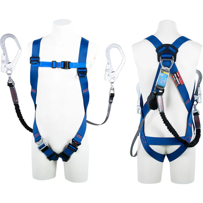 【CAINZ-DASH】藤井電工 ライトハーネス ダブルランヤード付き ロック機構付き巻取式ワン・ハンドリトラ+伸縮式ノビロン(BK) 青 Mサイズ TH510-OHNV93SV-OT-BL4-M-2R23BX【別送品】