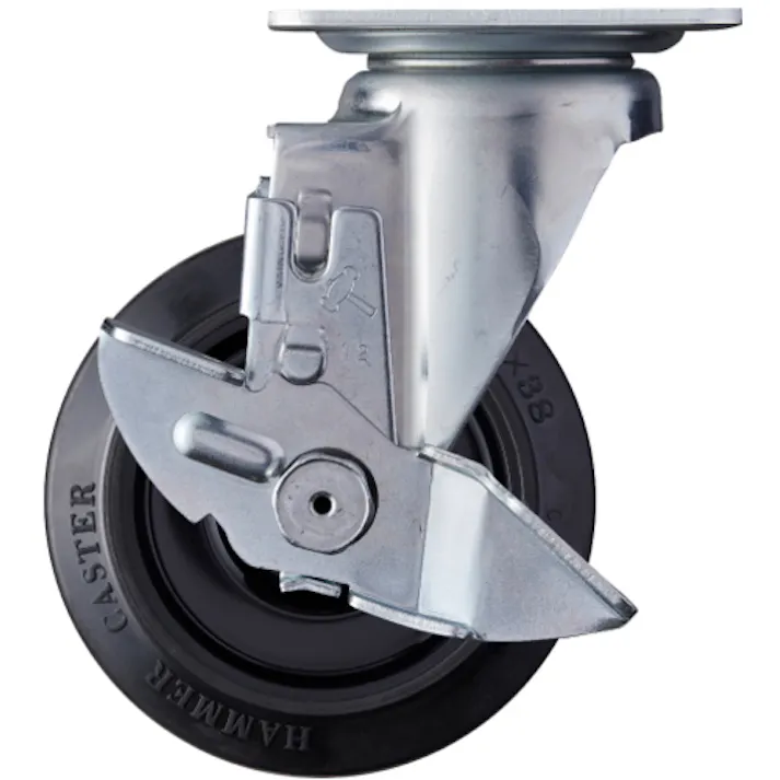 【CAINZ-DASH】ハンマーキャスター 静音旋回式ゴム車輪(ナイロンホイール・ラジアルボールベアリング)125mm ストッパー付 413BBS-FR125【別送品】