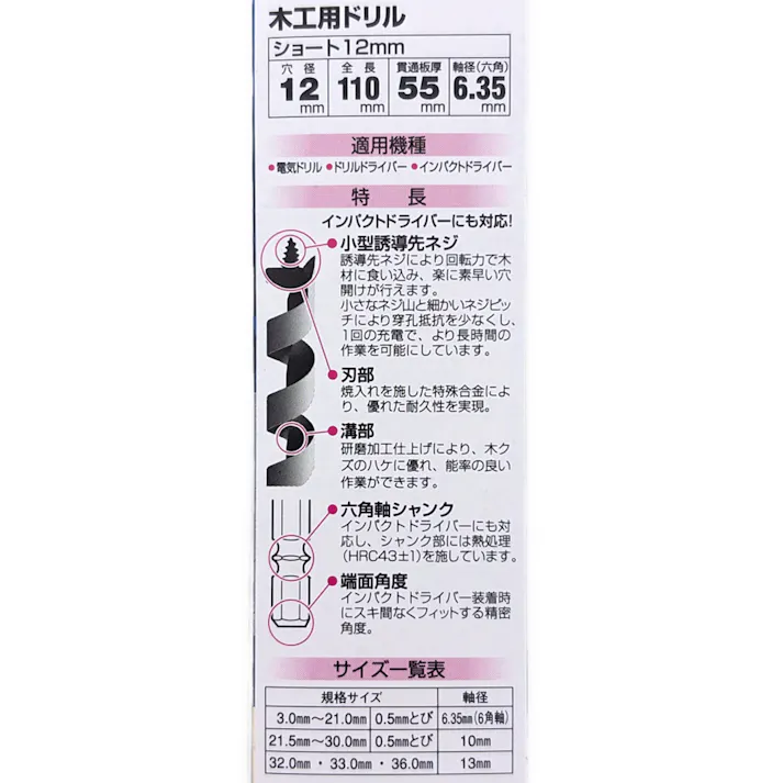 S大 木工用ドリルショートビット 12.0mm