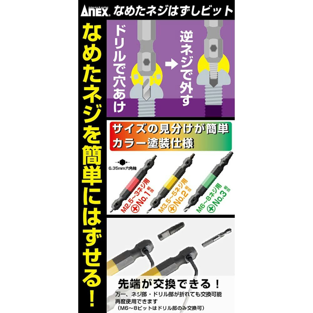 なめたネジはずしビットステンレス対応型2本組 M2.5～5mmネジ用 ANH-S2｜ホームセンター通販【カインズ】