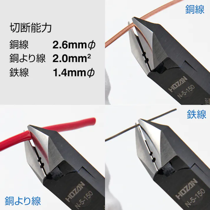 【CAINZ-DASH】ホーザン ストリップ穴付斜ニッパー 切断能力:鉄線Φ1.4、銅線Φ2.6 N-5-150【別送品】