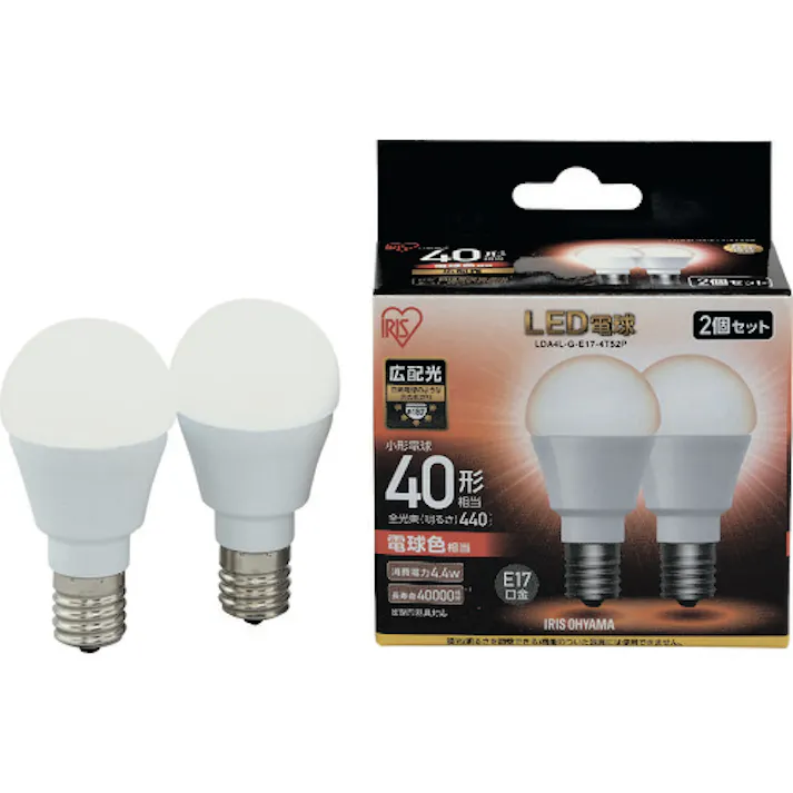 【CAINZ-DASH】アイリスオーヤマ 567978 LED電球2個セット E17広配光タイプ 40形相当 電球色 LDA4L-G-E17-4T52P【別送品】