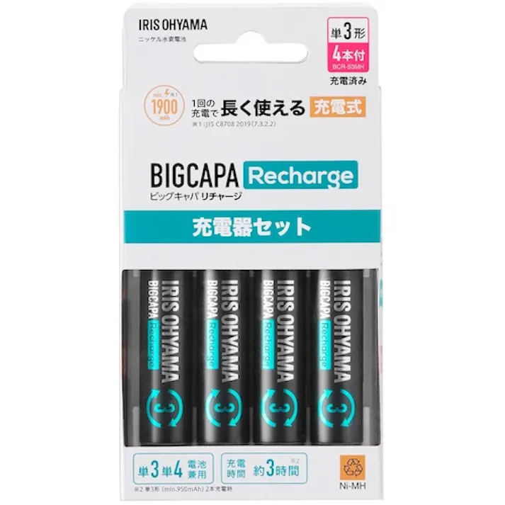 【CAINZ-DASH】アイリスオーヤマ 578041 ビックキャパ リチャージ 充電器セット 単3型4個付 BCR-SC3MH/4S【別送品】