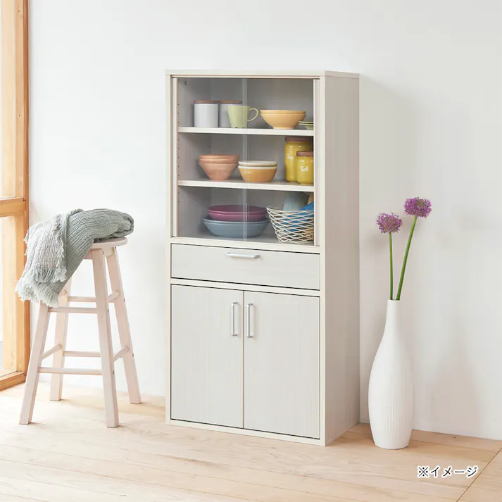 フルニコ 食器棚 ホワイト 白木目 FUL-1255DGHWH 幅57cm 高さ119cm ガラス引き戸 引出付き 【別送品】