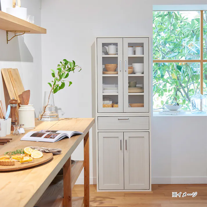 フルニコ キャビネット ホワイト 白木目 FUL-8055GWH 幅57cm 高さ80cm ガラス扉付 【別送品】