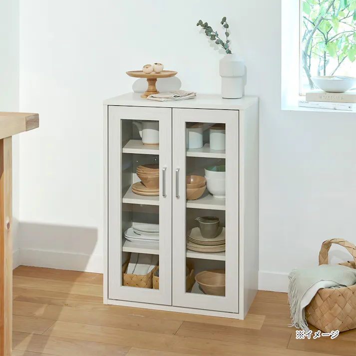 フルニコ キャビネット ホワイト 白木目 FUL-8055GWH 幅57cm 高さ80cm ガラス扉付 【別送品】