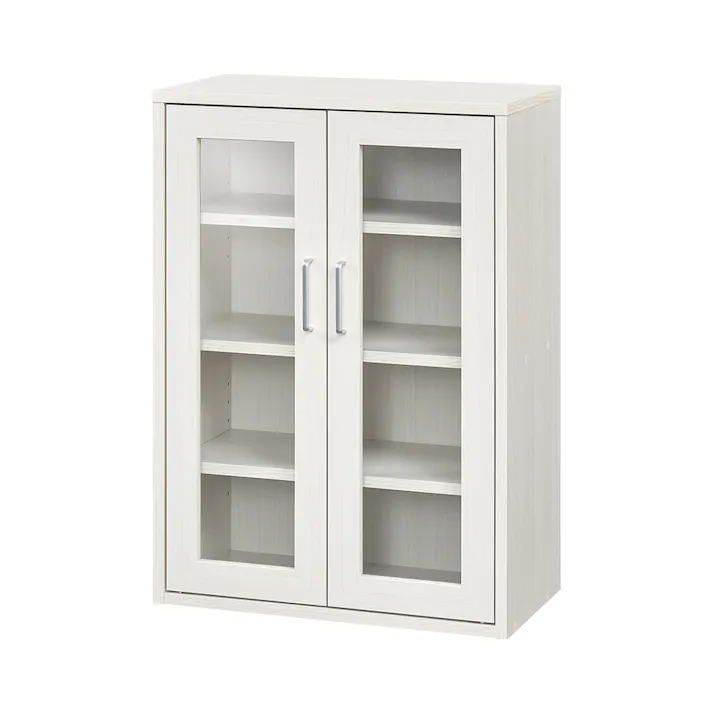 フルニコ キャビネット ホワイト 白木目 FUL-8055GWH 幅57cm 高さ80cm ガラス扉付 【別送品】