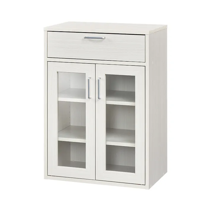 フルニコ キャビネット ホワイト 白木目 FUL-8055GHWH 幅57cm 高さ80cm ガラス扉付 引出付き 【別送品】