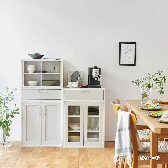 フルニコ キャビネット ホワイト 白木目 FUL-8055GHWH 幅57cm 高さ80cm ガラス扉付 引出付き 【別送品】