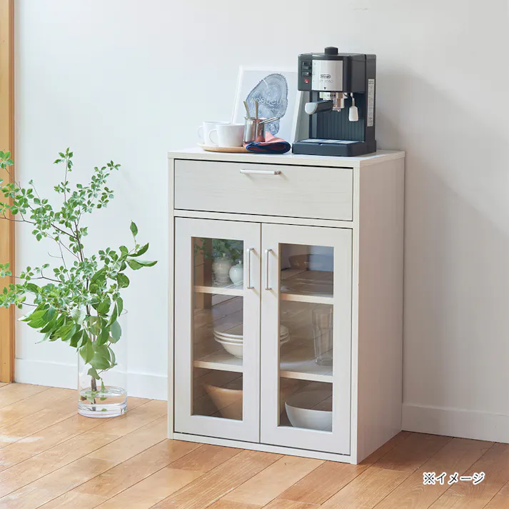 フルニコ キャビネット ホワイト 白木目 FUL-8055GHWH 幅57cm 高さ80cm ガラス扉付 引出付き 【別送品】