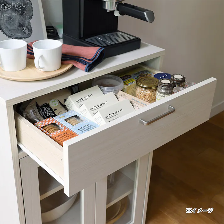 フルニコ キャビネット ホワイト 白木目 FUL-8055GHWH 幅57cm 高さ80cm ガラス扉付 引出付き 【別送品】