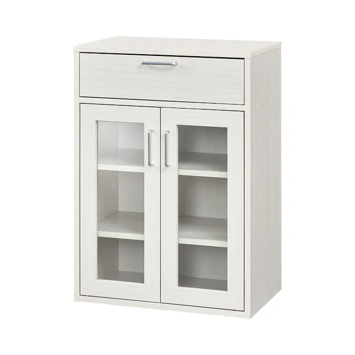 フルニコ キャビネット ホワイト 白木目 FUL-8055GHWH 幅57cm 高さ80cm ガラス扉付 引出付き 【別送品】