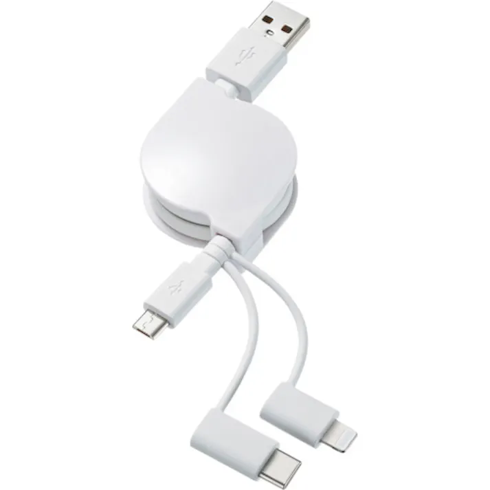 【CAINZ-DASH】サンワサプライ ライトニング・Type-C・microB巻取り 3in1 USBケーブル 0.8m KB-IPLTM08KW【別送品】