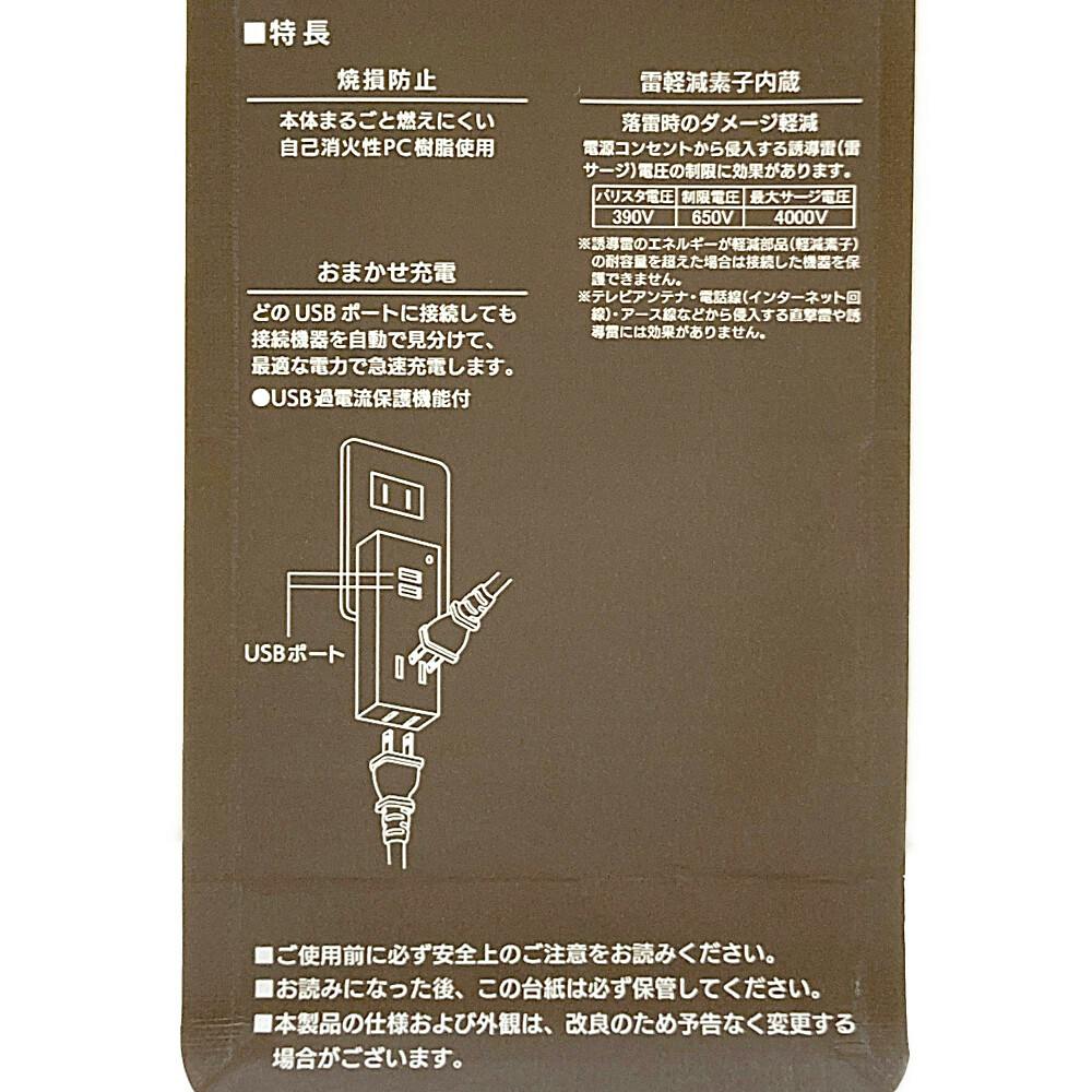 雷ガード付AC2個口 USB2個口 タップ ホワイト HS-TK2U2-CA22