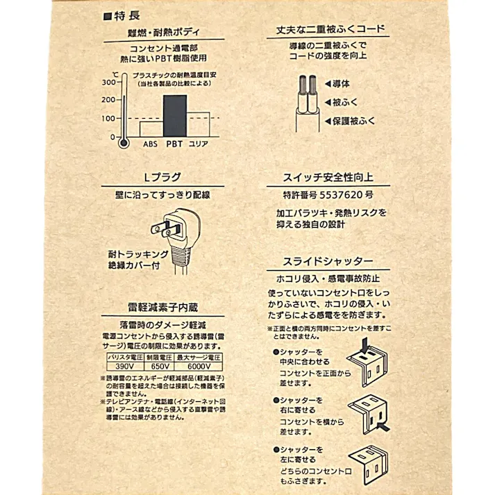 雷ガード スライドシャッター 4個口スイッチタップ 3m ホワイト