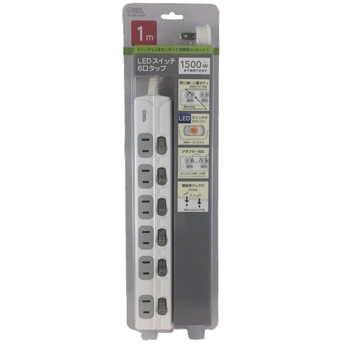 オーム電機 LEDスイッチ 6口タップ 1m アダプター対応 HS-TP61CA-W 00-2142