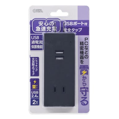 オーム電機 USBポート付安全タップ 雷ガード 2個口 黒 HS-TU2SM-K 00-4398(販売終了)