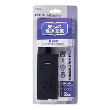 オーム電機 USBポート付安全タップ 2個口 2.5m 黒 HS-TU225M-K 00-4400(販売終了)