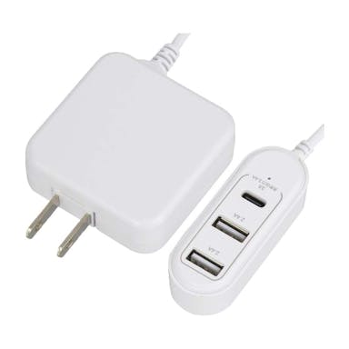 オーム電機 コード付きUSBアダプター USB3個口 タイプC ホワイト MAV-AUHBC34C-W(販売終了)