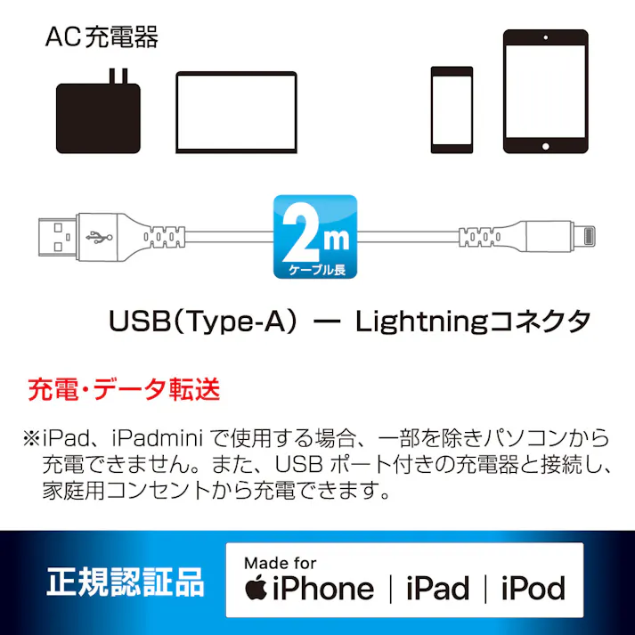 SmartComm やわらかケーブル USB Type-A to Lightning 2m ホワイト SIP-L20DAL-W