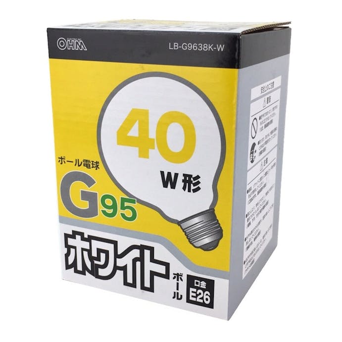 オーム電機 白熱ボール電球 40W形 ホワイト LB-G9638K-W