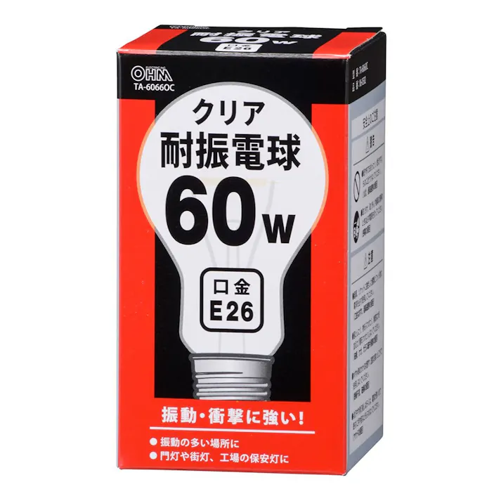 耐震電球 E26 60W クリア TA-60660C 06-0582