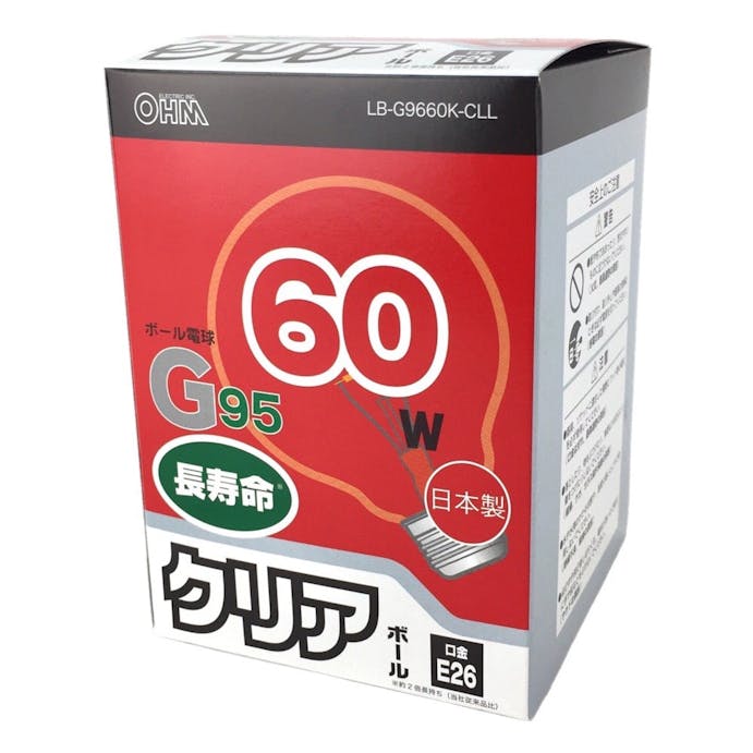 オーム電機 白熱ボール電球 60W E26 G95 クリア LB-G9660K-CLL