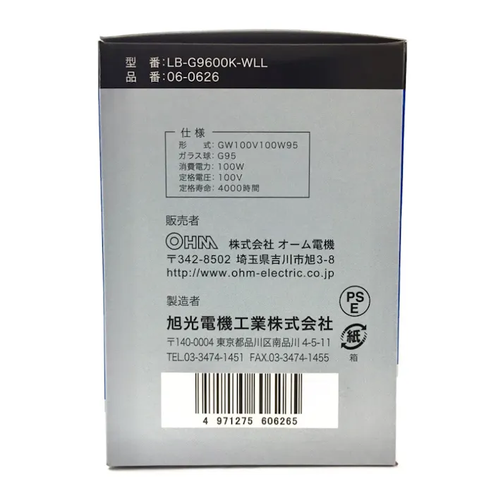 白熱ボール電球 100W E26 G95 ホワイト LB-G9600K-WLL
