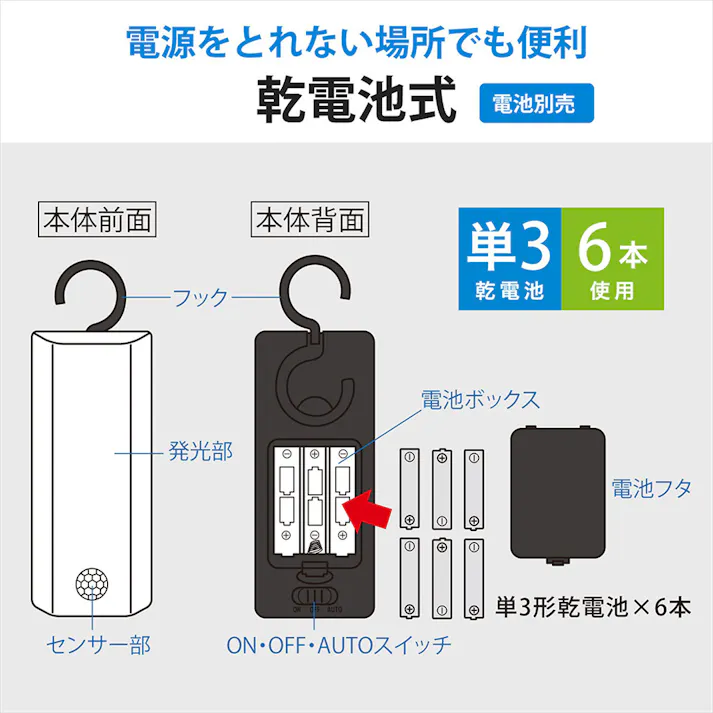 LEDセンサーライト 乾電池式 フック型 昼白色 200ルーメン LS-B200JF-3