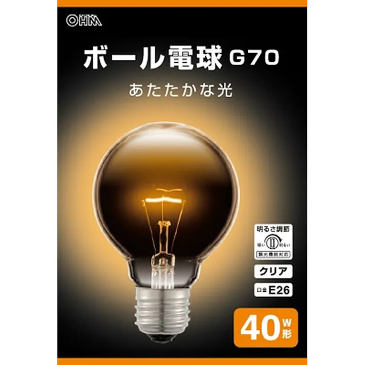 ボール電球 E26 40W形 G70 クリア LB-G7640K-CN 06-0867