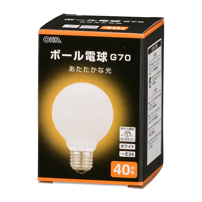 オーム電機 ボール電球 E26 40W形 G70 ホワイト LB-G7640K-WN 06-0868