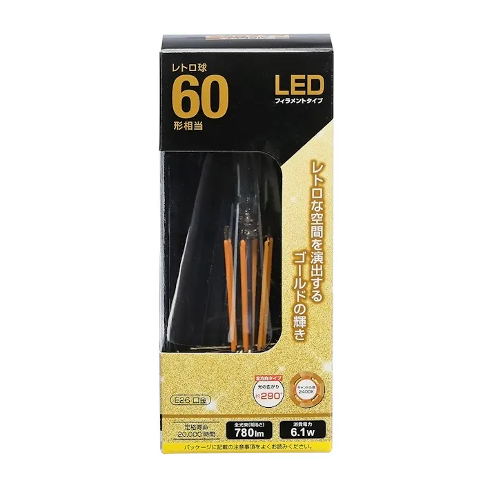 LEDフィラメントタイプレトロ球 E26 60形相当 キャンドル色 06-3895 LDF6L C6/G