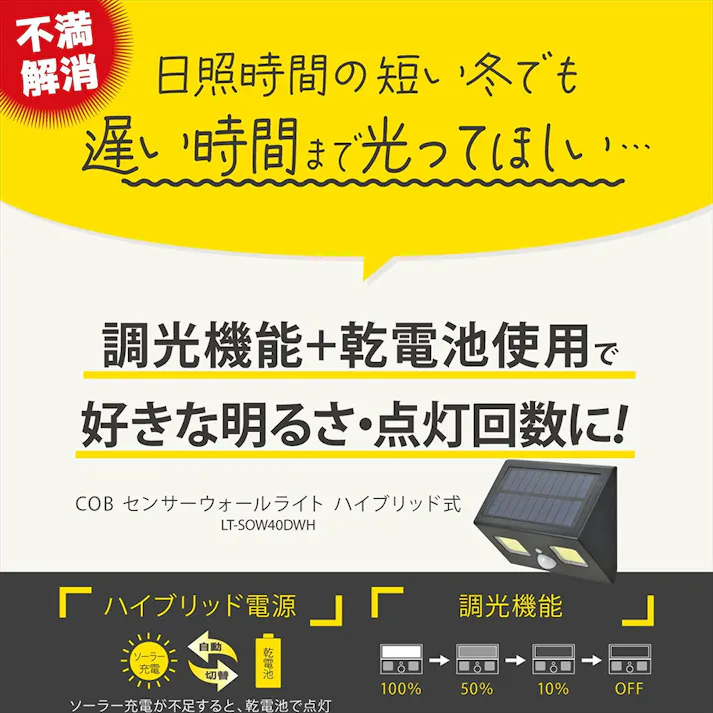 COBセンサーウォールライト ハイブリッド式 400ルーメン LT-SOW40DWH 防犯 調光切替 ソーラー発電式人感センサーライト 赤外線センサー IP65